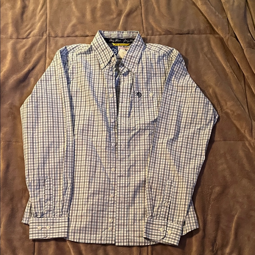 Wrangler George Strait Boys Blue and White Checkered Button-Down Shirt